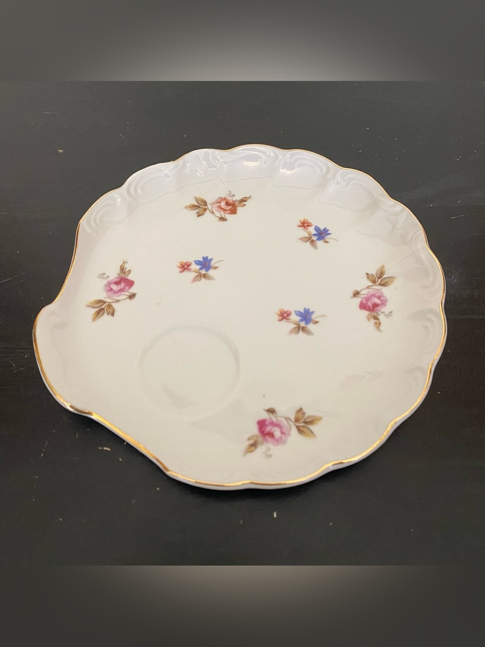 Vintage Pink Floral Gold Trim Scalloped Edge White Snack Plate